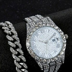 2pcs/set Rhinestone Large Dial Steel Strap Quartz Zinc Alloy Watch